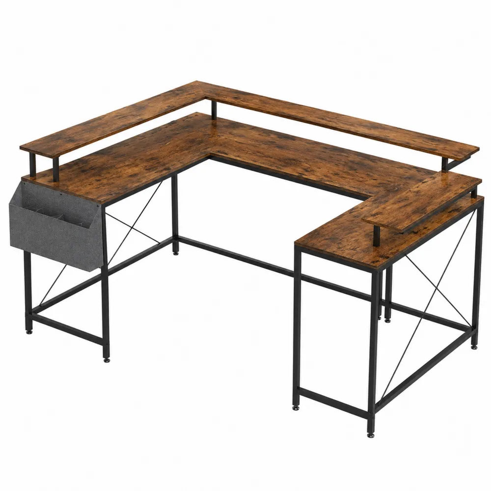 Biurko narożne L z drewna i metalu z półką 150x130x75 cm