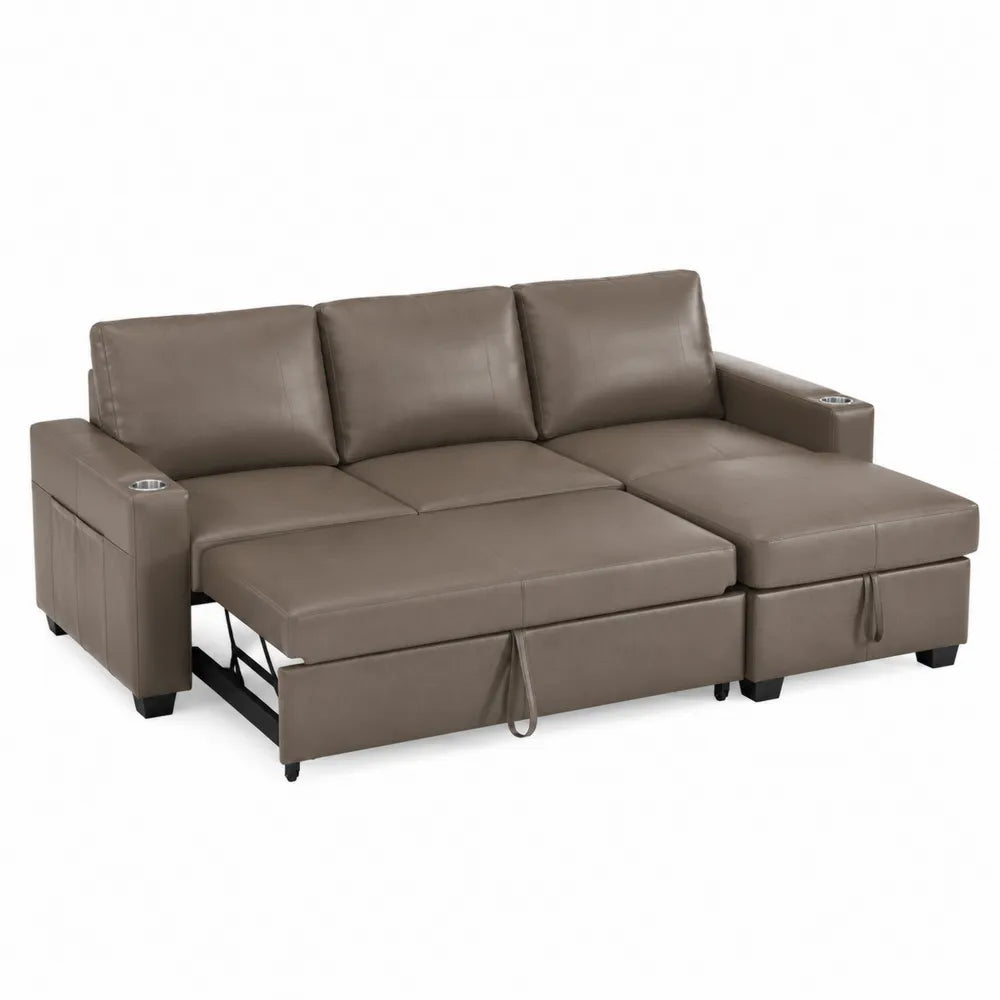 Skórzana sofa narożna rozkładana z uchwytem na napoje, brązowoszara