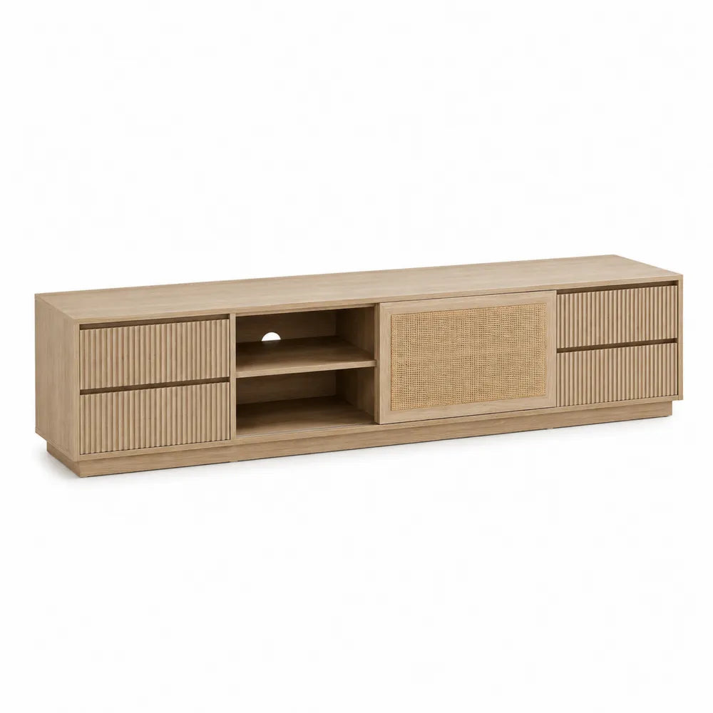 Dębowa szafka RTV z drzwiami rattanowymi 180x40x45 cm