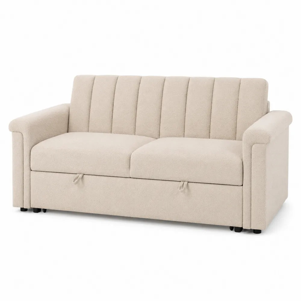 Beżowa sofa dwuosobowa z tkaniny poliestrowej ze schowkiem