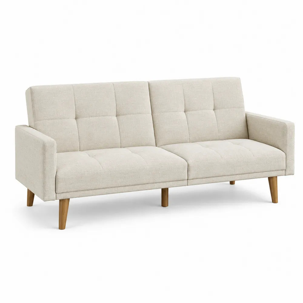 Sofa trzyosobowa z tkaniny lnianej i drewnianymi nogami