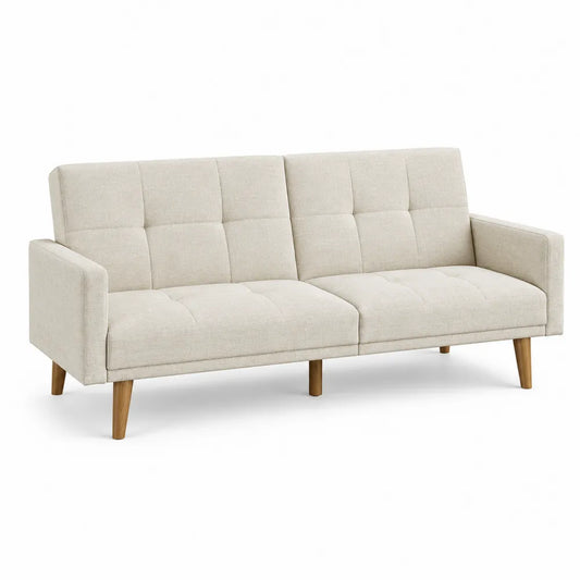 Sofa trzyosobowa z tkaniny lnianej i drewnianymi nogami