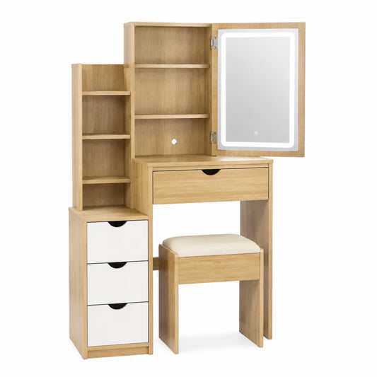 Toaletka z lustrem LED i taboretem z drewna i MDF