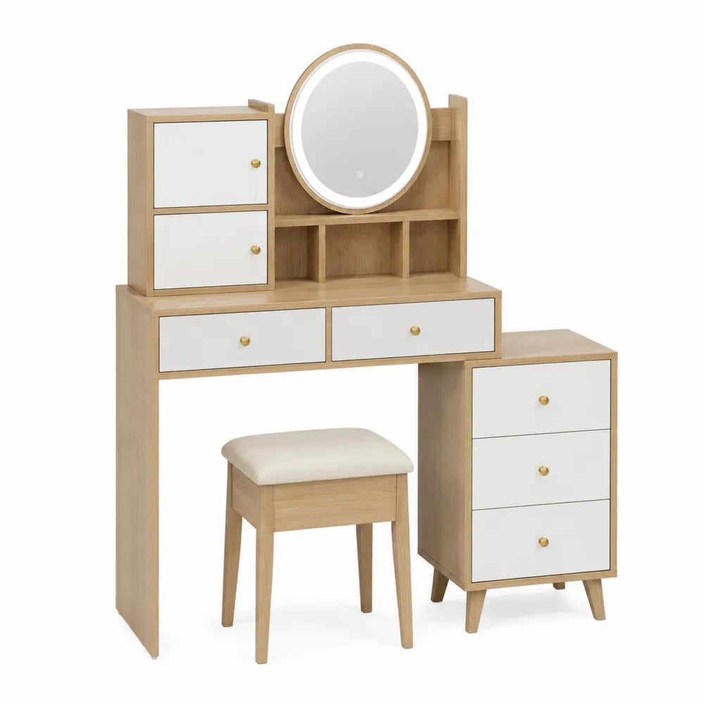 Toaletka z lustrem LED z drewna i MDF z taboretem