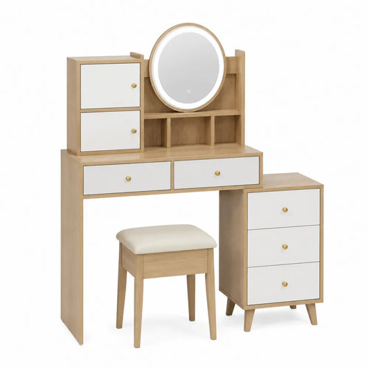 Toaletka z lustrem LED z drewna i MDF z taboretem