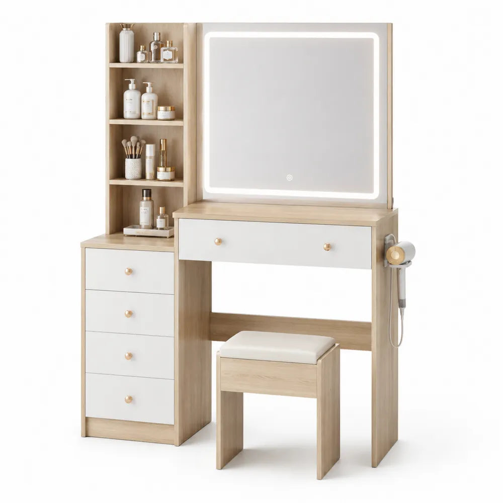 Toaletka z lustrem LED, drewno i biały, 80x40x135 cm