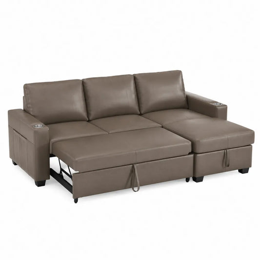 Skórzana sofa narożna rozkładana z uchwytem na napoje, brązowoszara