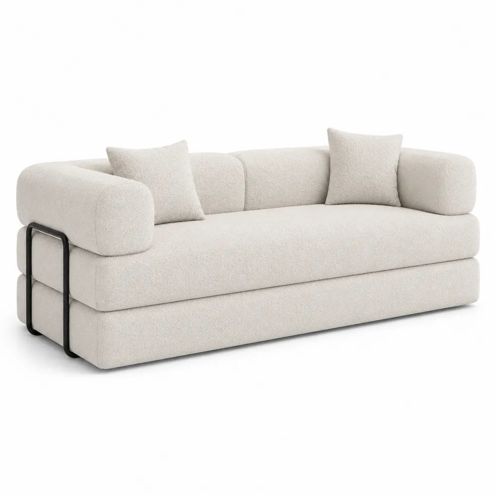 Beżowa sofa 3-osobowa z tkaniny poliestrowej i metalową ramą