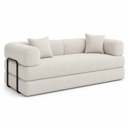 Beżowa sofa 3-osobowa z tkaniny poliestrowej i metalową ramą