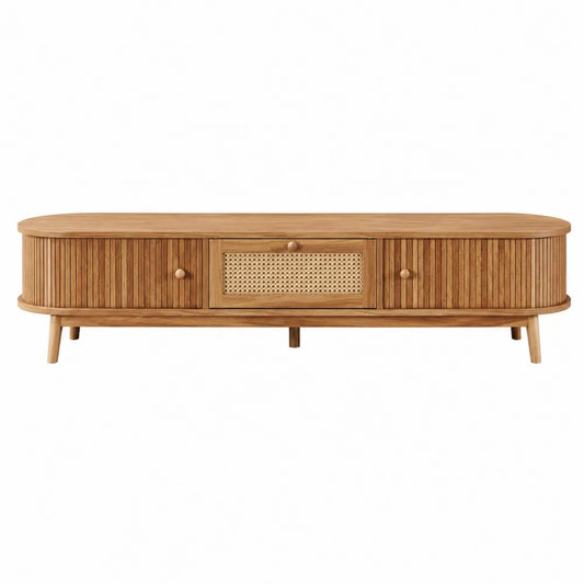 Szafka RTV z drewna dębowego i rattanowym frontem 160x40x50 cm
